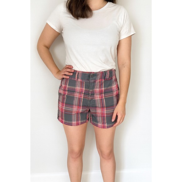 Volcom Plaid Shorts Gray Pink Casual Comfort Summer Womens size 7 - Picture 1 of 6